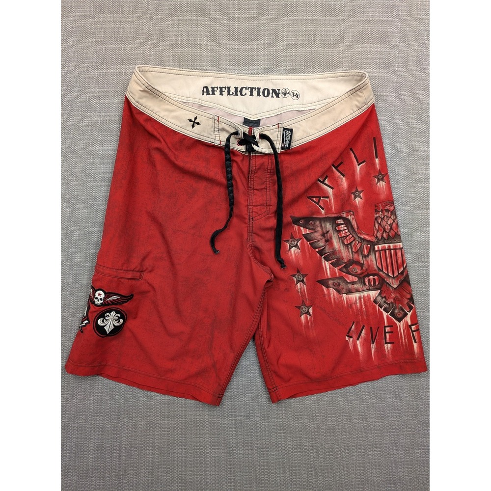 Affliction Swim Shorts Mens 34 Red Boardshorts Eagle Skull Graphic 11 Inseam